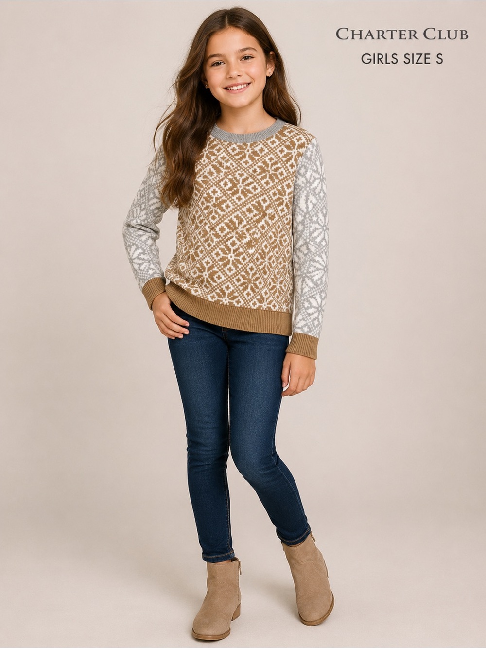 Charter Club Girls Small Fair Isle Metallic Knit Sweater Tan Gray White